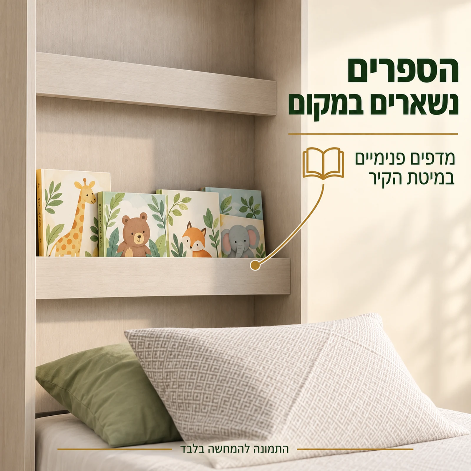 מיטת קיר לילדים ולנוער – מדפים פנימיים לספרים