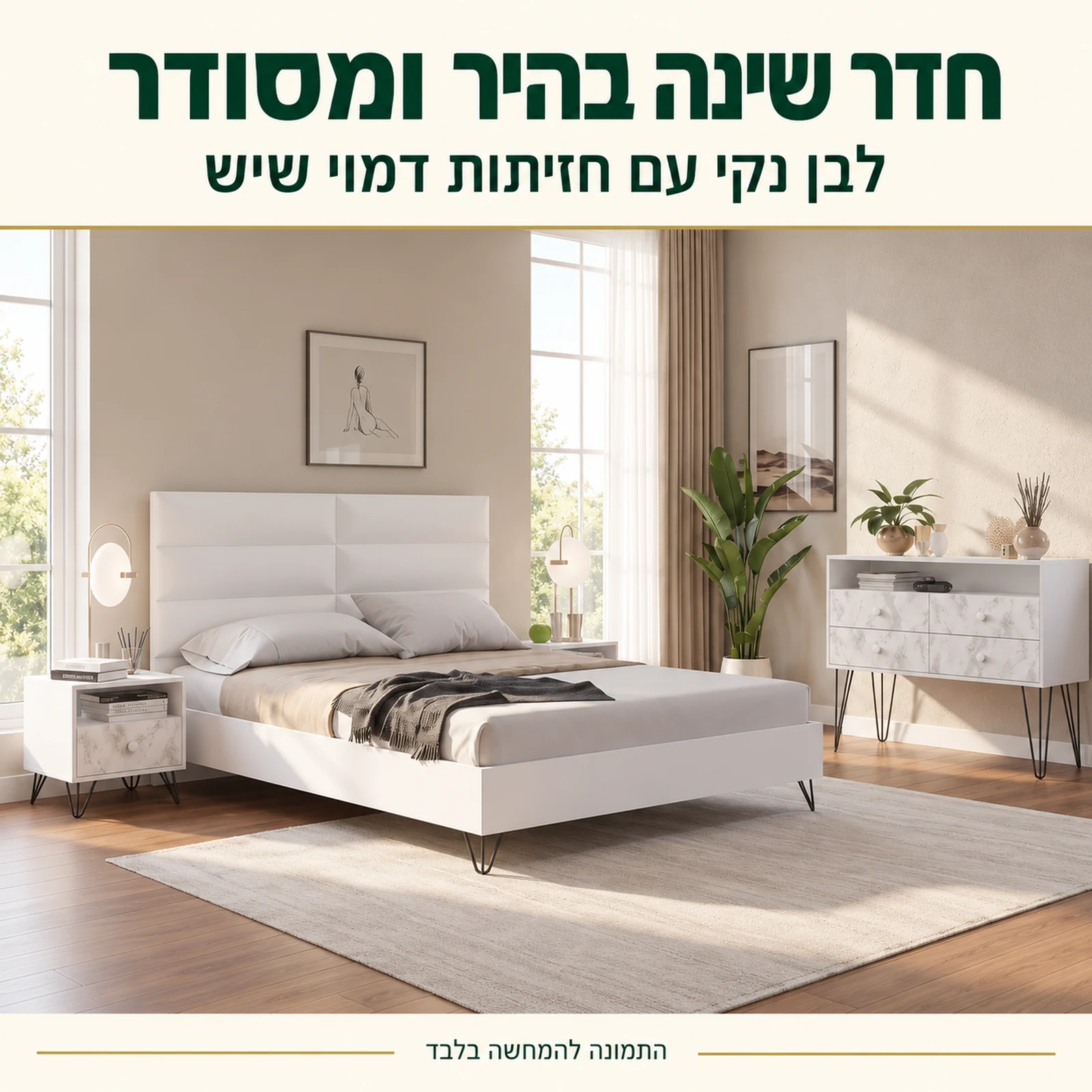 חדר שינה קומפלט דגם פיזה בלבן נקי עם חזיתות דמוי שיש