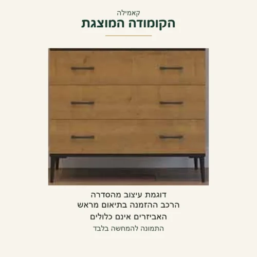 קאמילה — הקומודה המוצגת כדוגמת עיצוב מהסדרה, עם שלוש חזיתות סגורות; הרכב ההזמנה בתיאום מראש