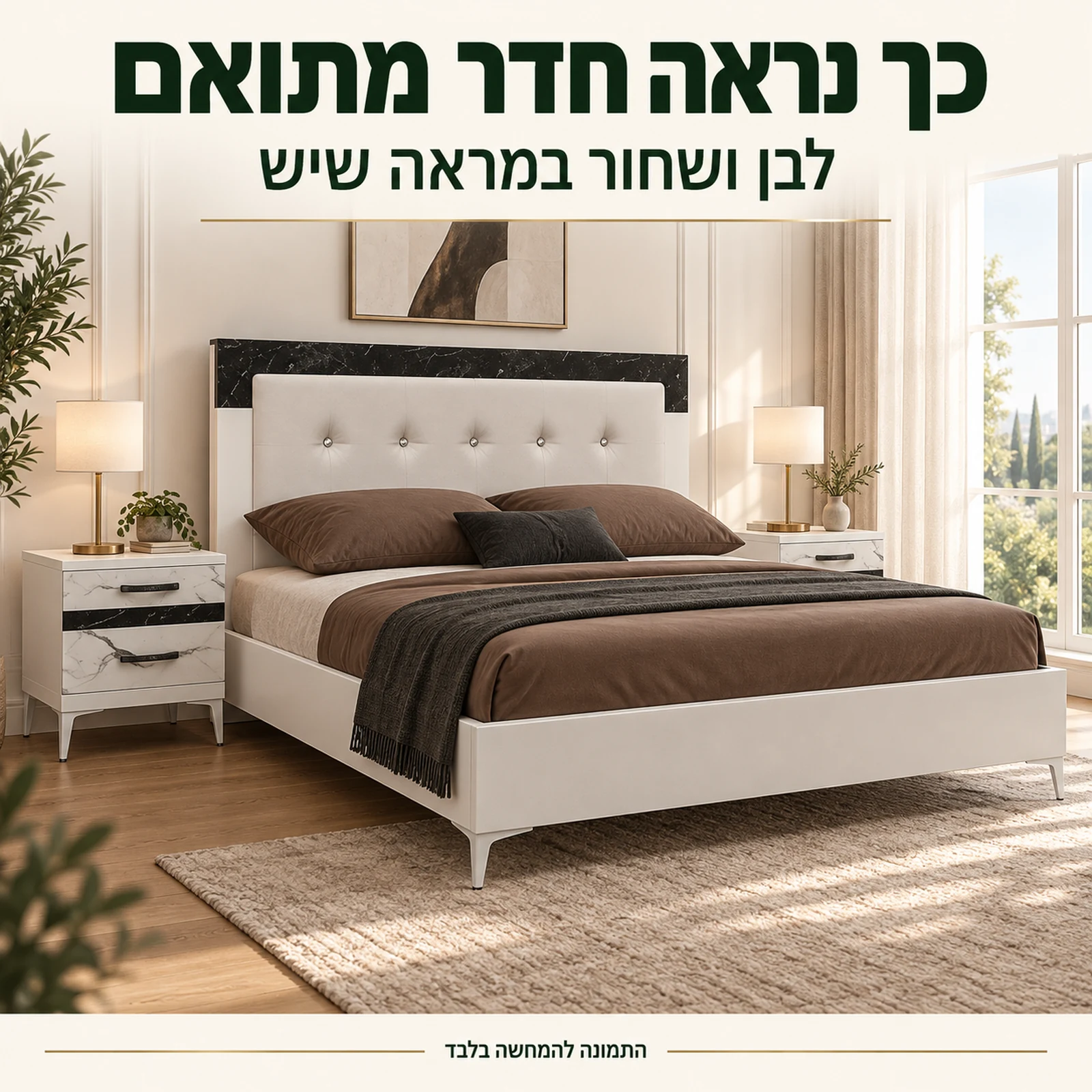 חדר שינה לאונרדו בחדר בהיר – מיטה ושתי שידות בלבן ושחור במראה שיש