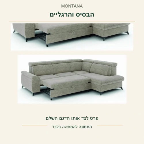 MONTANA — פרט אמיתי של הבסיס והרגליים לצד אותו צילום הדגם האפור השלם במצב פתיחה חלקי; ללא שינוי התמונה