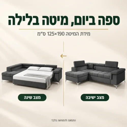 ספה פינתית ROMEO במצב ישיבה ובמצב שינה – מיטה 125×190 ס״מ