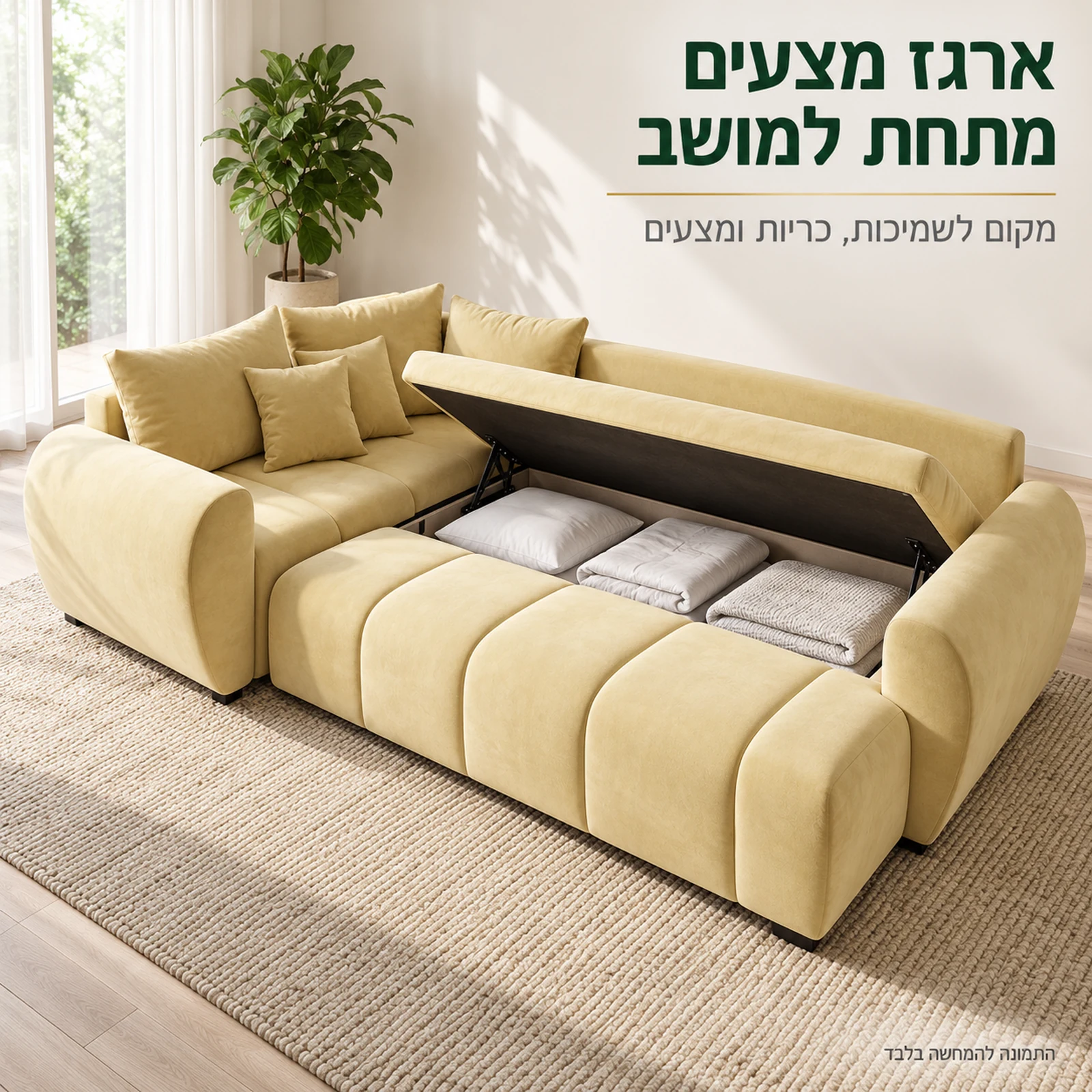 ארגז מצעים פתוח מתחת למושב במערכת ישיבה פינתית MELISA PLUS – מקום לשמיכות, כריות ומצעים