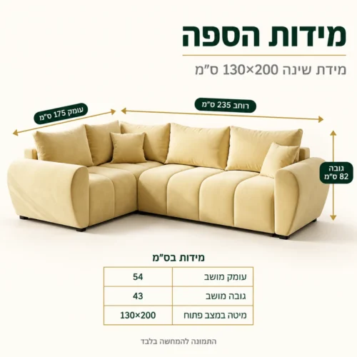 מידות מערכת ישיבה פינתית MELISA PLUS – רוחב 235, עומק 175, גובה 82 ס״מ, מיטה 130×200 ס״מ
