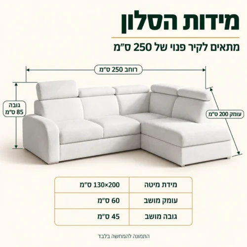 מידות מערכת ישיבה פינתית OSLO 250×200×85 ס״מ ומיטה 130×200 ס״מ