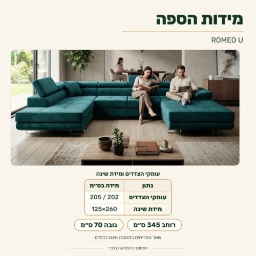 סלון ROMEO U – מידות: רוחב 345 ס״מ; עומקי הצדדים 202 / 205 ס״מ; גובה 70 ס״מ; מידת שינה 125x260 ס״מ