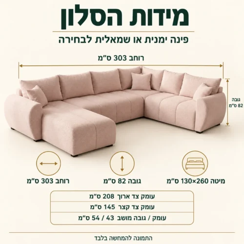 מידות סלון בצורת ח MELISA PLUS U: רוחב 303 ס״מ, עומק 208/145 ס״מ, גובה 82 ס״מ
