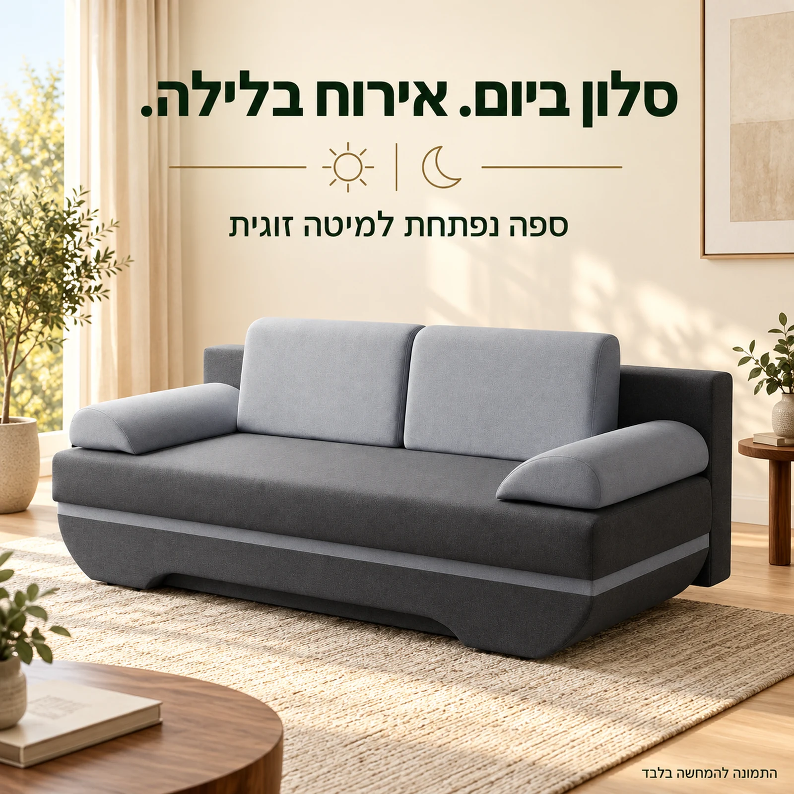 ספה נפתחת למיטה CALIPSO בגווני אפור בסלון מואר – ישיבה ביום ואירוח בלילה