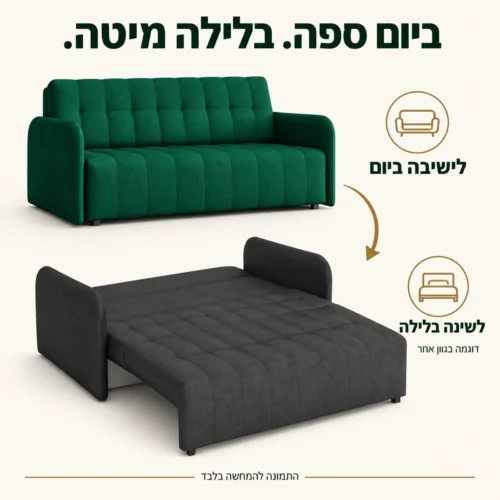 כורסא וספה נפתחת למיטה VIVA GRAND – ספה ירוקה לישיבה ומיטה פתוחה בגוון אפור כהה להמחשת מצב השינה