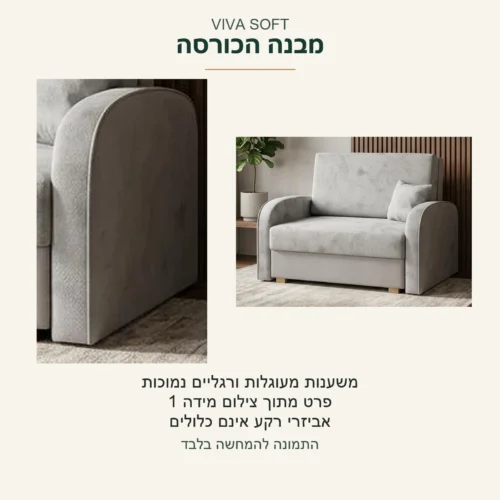 VIVA SOFT — פרט מקורי של משענת מעוגלת במידה 1, לצד צילום הכורסה השלמה שבה נראה בסיס עם רגליים נמוכות; ללא הבטחות בריאות או שינוי גאומטריה