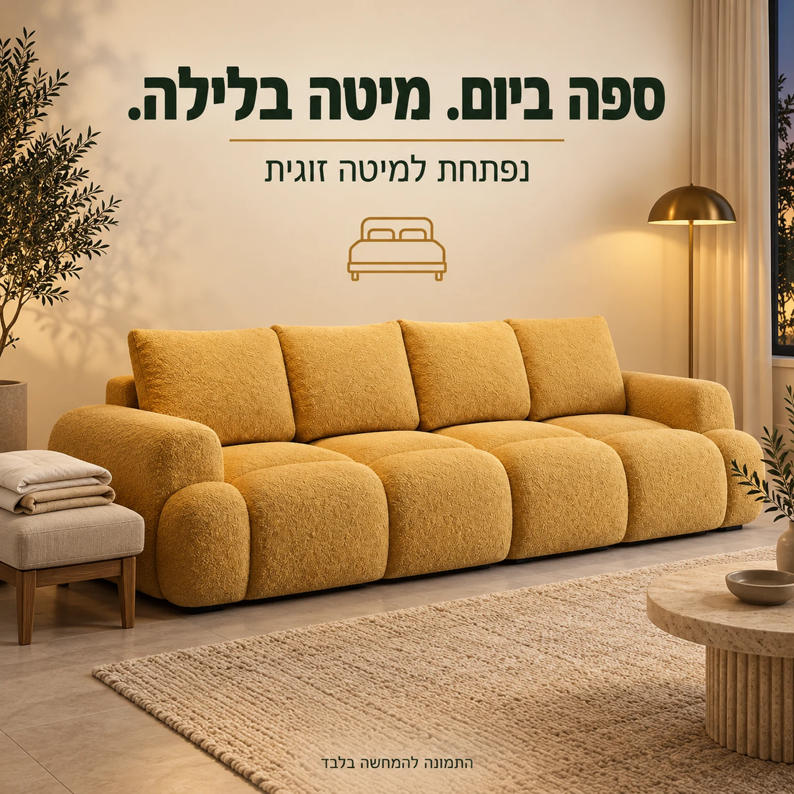 ספת OPTIMA במצב סגור לצד מצעים להמחשת השימוש כספה נפתחת למיטה זוגית