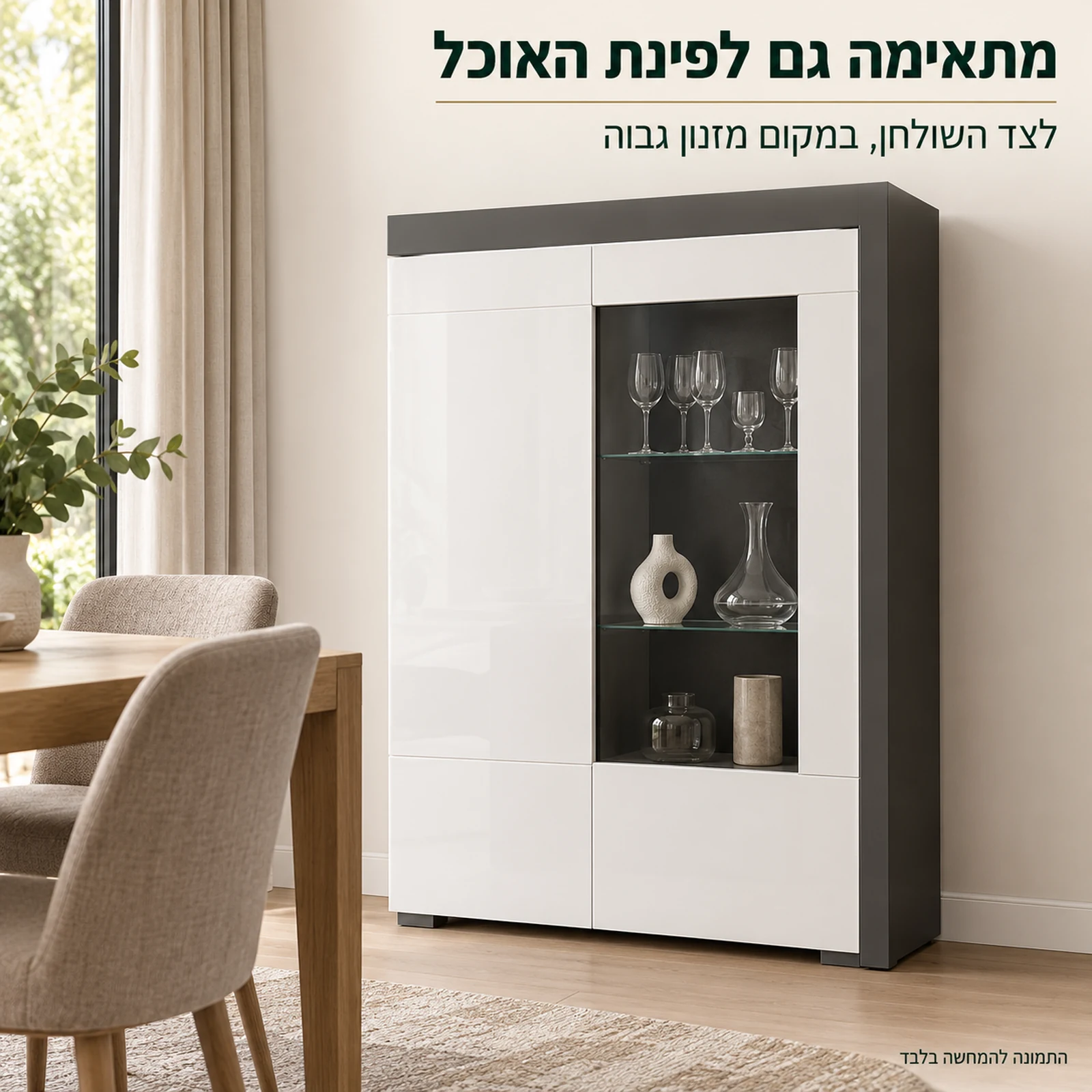 ויטרינת בר THEA WHITE נמוכה בפינת האוכל לצד השולחן במקום מזנון גבוה