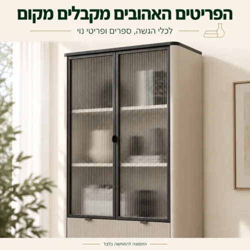 ויטרינה MARLEY – תקריב דלתות הזכוכית המחורצות לתצוגת ספרים ופריטי נוי