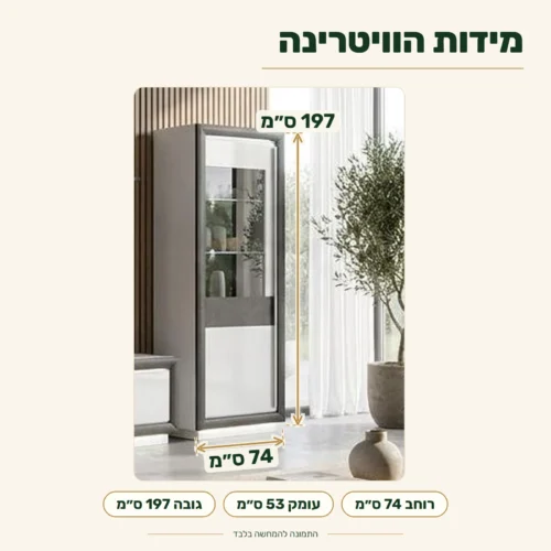 ויטרינה לסלון – מידות: רוחב 74 ס״מ, עומק 53 ס״מ, גובה 197 ס״מ