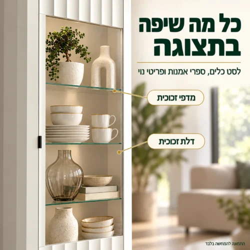 ויטרינה NOVADO – תצוגה לסט כלים, ספרי אמנות ופריטי נוי מאחורי דלת זכוכית