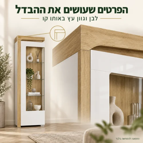 פרטי העיצוב של ויטרינה THEO: חזית לבנה, זכוכית וגוון עץ