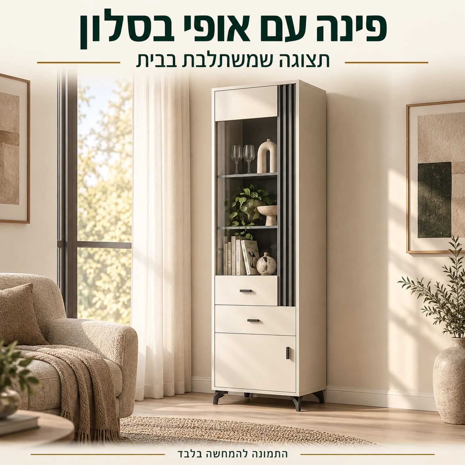 ויטרינה ALLAMO בגוון קשמיר בסלון מואר – התמונה להמחשה בלבד