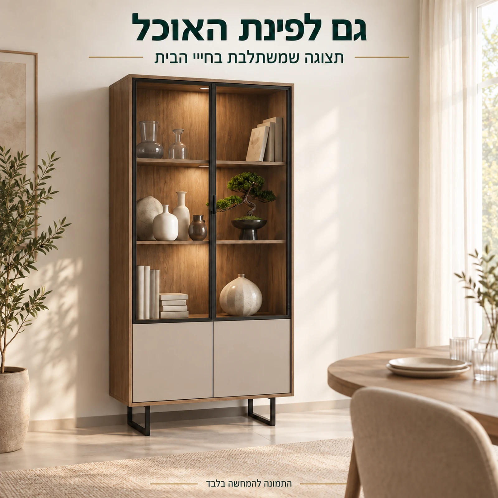 ויטרינה SIENA בפינת אוכל בהירה עם כלי נוי וספרים מאחורי הזכוכית