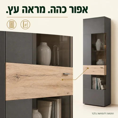 ויטרינה COMO: שילוב חזית אפורה כהה, זכוכית ופס בהיר במראה עץ