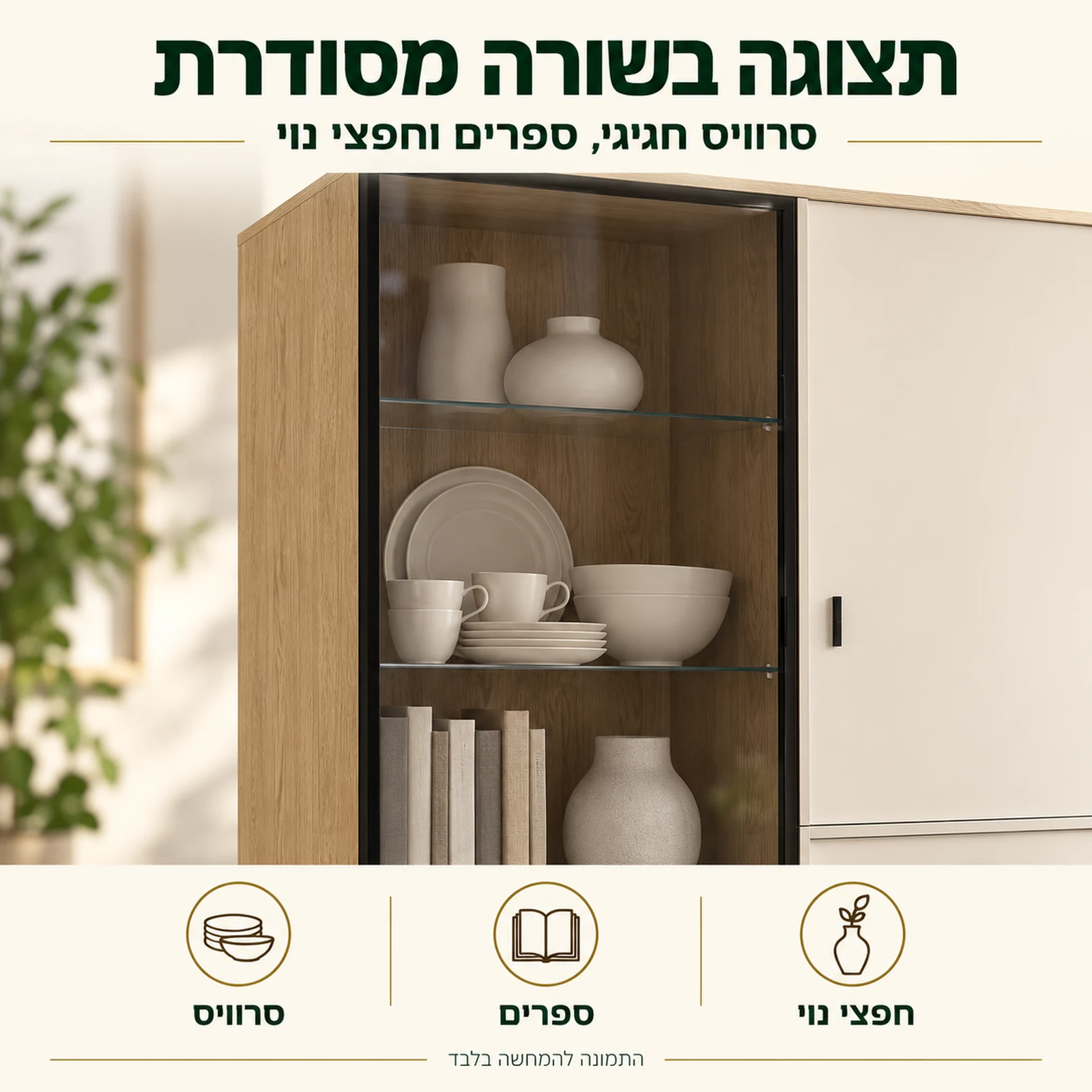 ויטרינה ELORA רחבה – דלת זכוכית לתצוגת סרוויס, ספרים וחפצי נוי