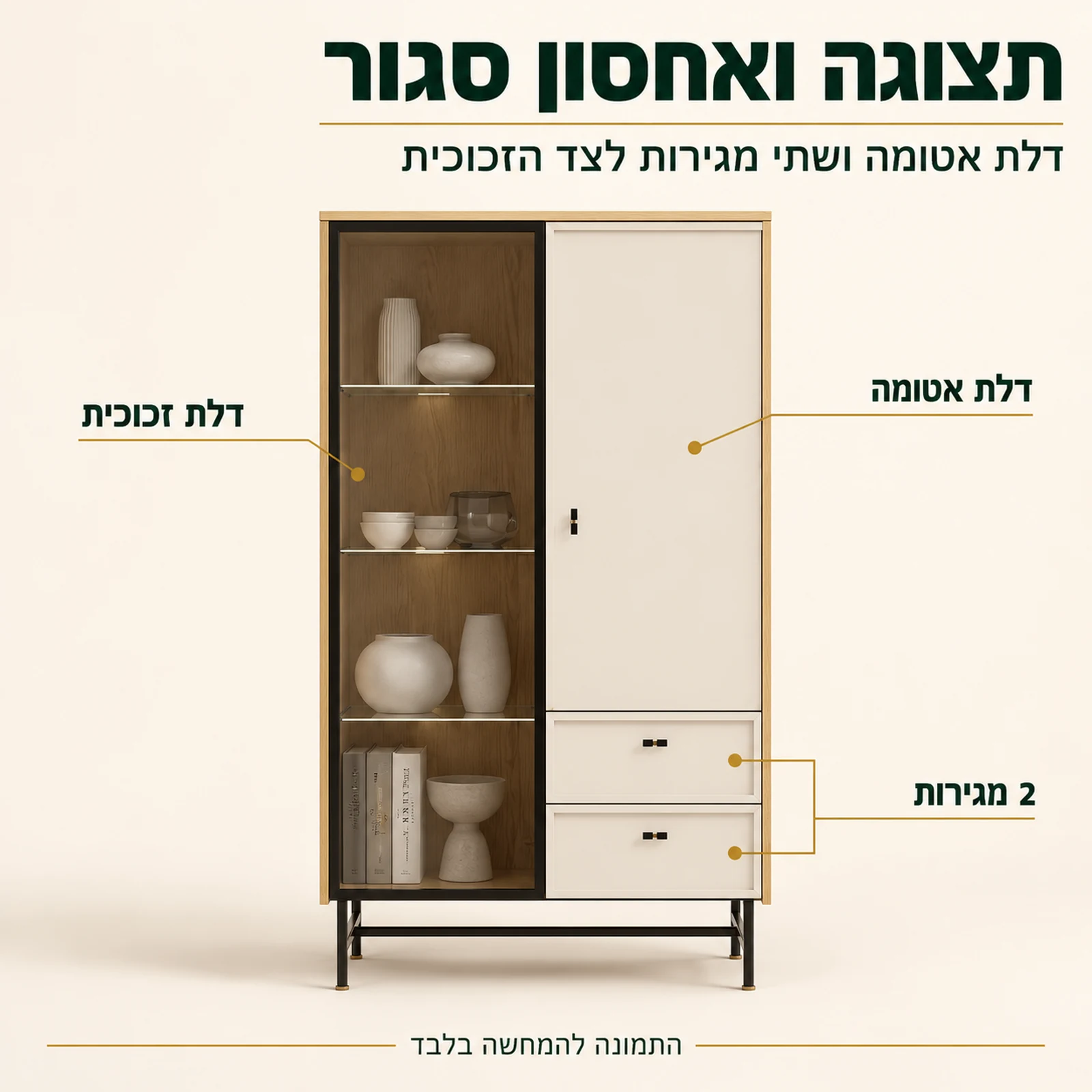 ויטרינה ELORA רחבה עם דלת זכוכית, דלת אטומה ושתי מגירות