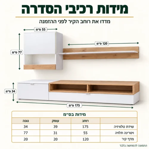 מזנון ROCO – מידות שידת הטלוויזיה, הוויטרינה התלויה ומדף הקיר
