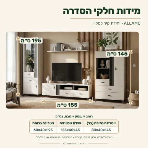 מזנון ALLAMO – מידות חלקי הסדרה (רוחב×עומק×גובה): ויטרינה נמוכה (בר) 80×40×145 ס״מ, שידת טלוויזיה 155×40×45 ס״מ, ויטרינה גבוהה 60×40×195 ס״מ