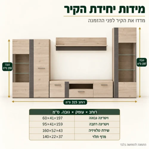 מידות מזנון LOCARNO – רוחב 315 ס״מ, גובה 197 ס״מ, ומידות כל אחד מארבעת החלקים