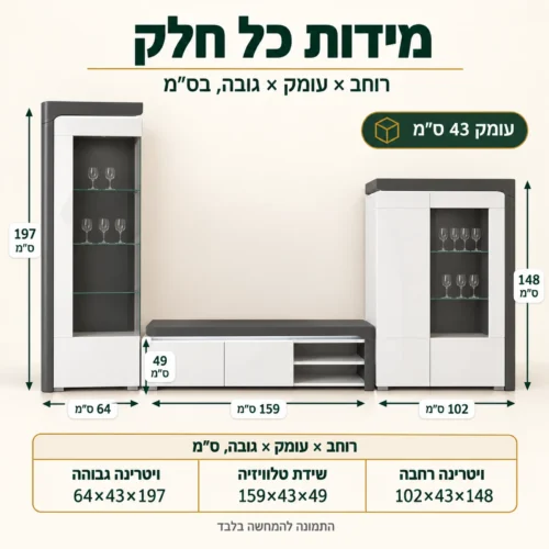 מזנון THEA WHITE – מידות שידת הטלוויזיה והוויטרינות בס״מ