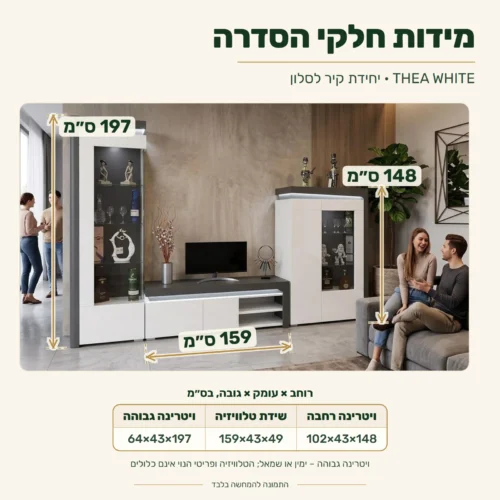 מזנון THEA WHITE – מידות חלקי הסדרה (רוחב×עומק×גובה): ויטרינה רחבה 102×43×148 ס״מ, שידת טלוויזיה 159×43×49 ס״מ, ויטרינה גבוהה (ימין או שמאל) 64×43×197 ס״מ