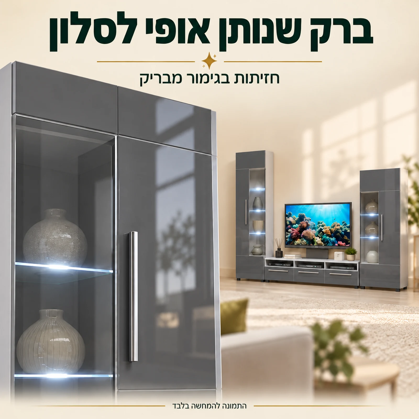 מזנון ROMA – תקריב חזיתות אפורות בגימור מבריק וידית כסופה