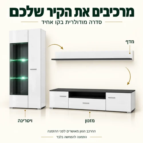 מזנון SOLIDO – מודולי הסדרה: ויטרינה, מזנון ומדף בגוון לבן
