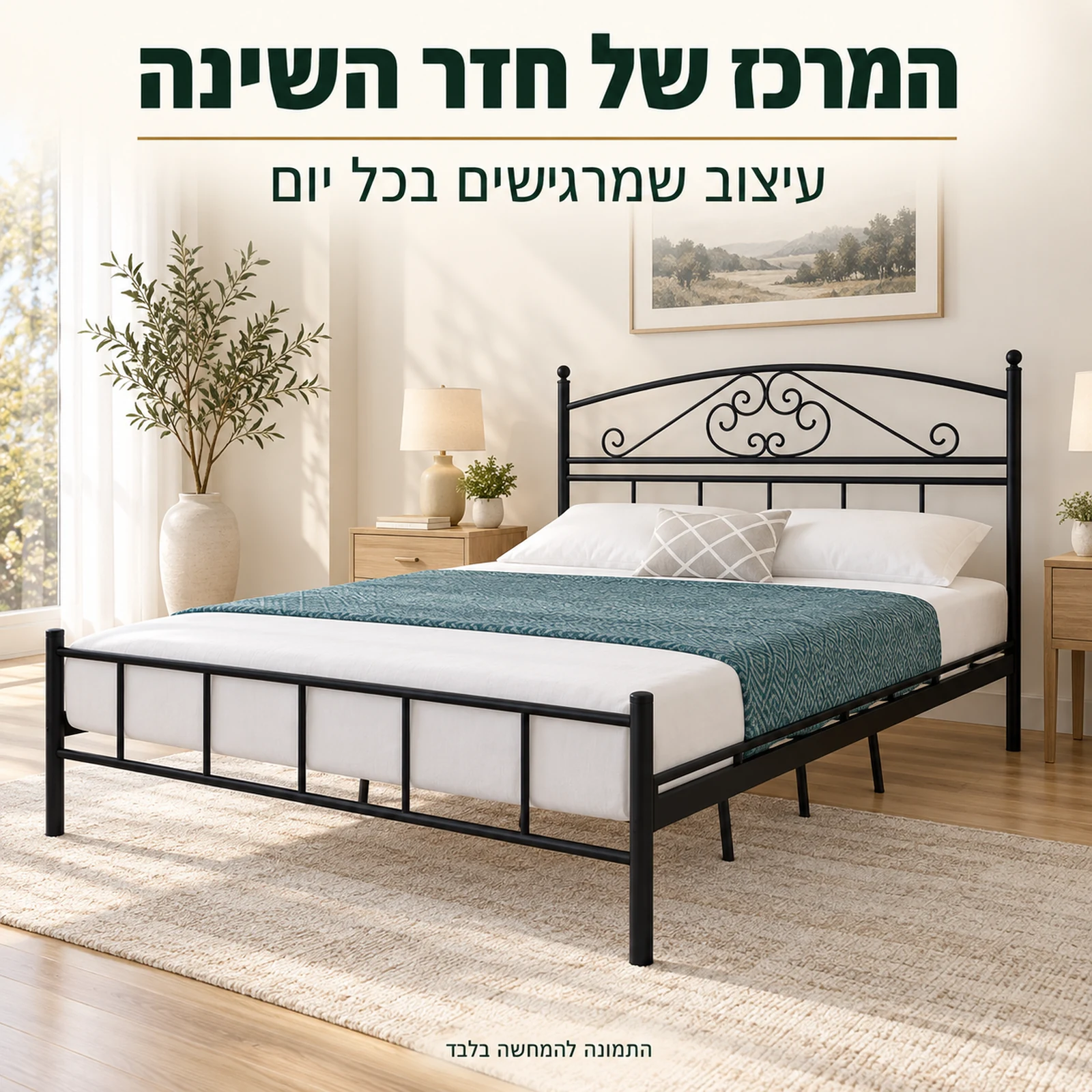 מיטת מתכת שחורה עם ראש מיטה מעוטר בחדר שינה מואר