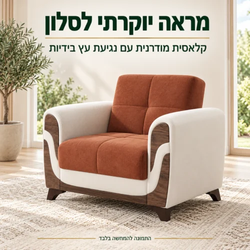 כורסא מעוצבת דגם Sema קלאסית מודרנית – מראה יוקרתי לסלון עם נגיעת עץ בידיות