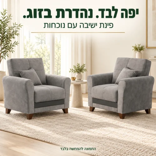 זוג כורסאות מעוצבות אפורות בפינת ישיבה בסלון