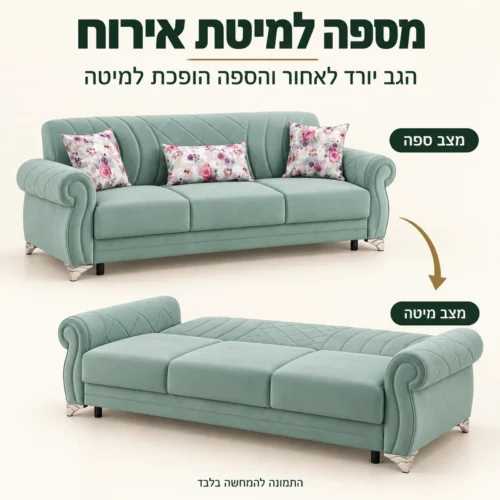ספת ספר Yagmur – פתיחת ספר: הגב יורד לאחור והספה הופכת למיטה