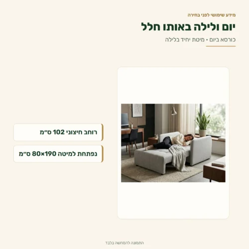 כורסא נפתחת למיטה Soft 1 – יום ולילה באותו חלל: רוחב חיצוני 102 ס״מ; נפתחת למיטה 80×190 ס״מ