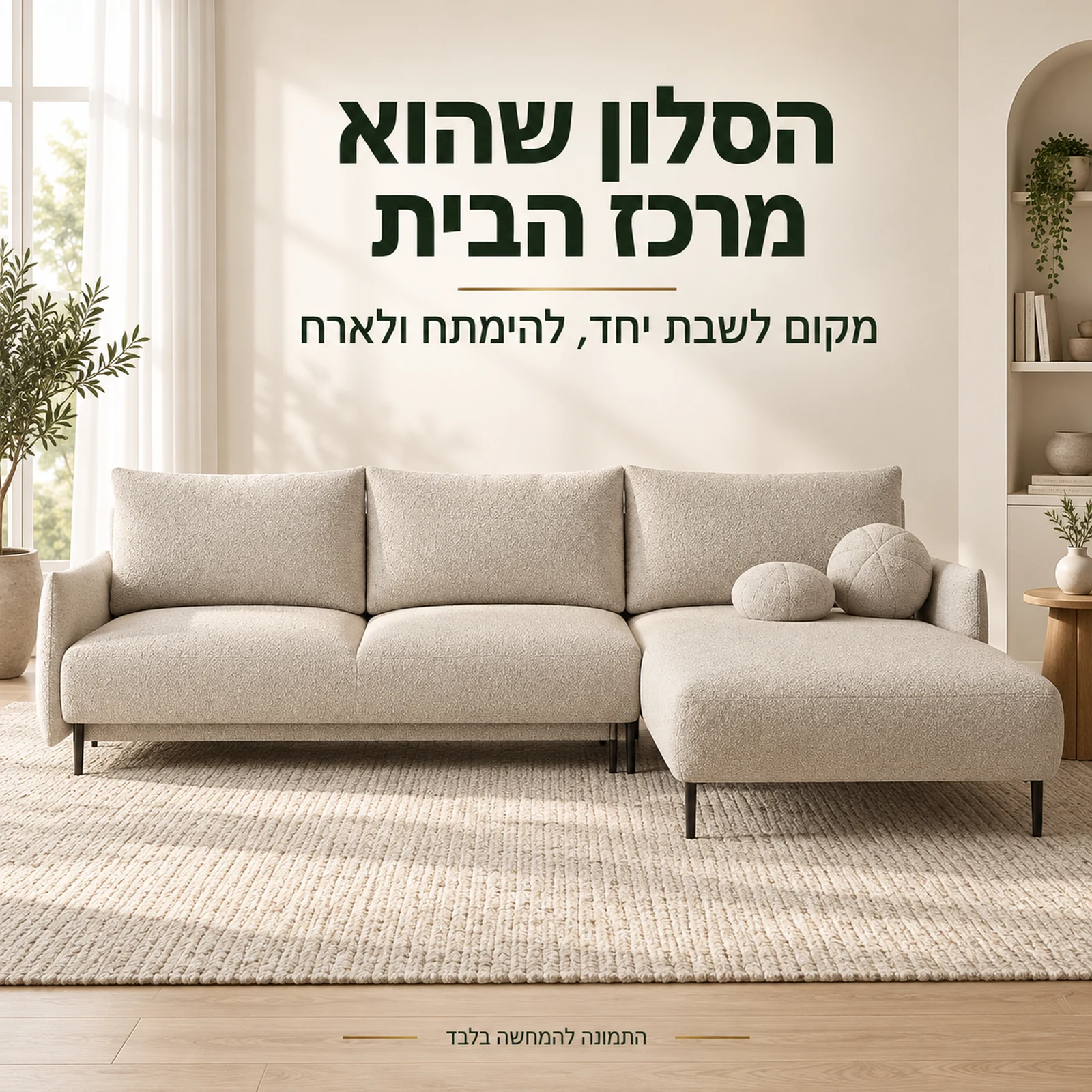 ספה פינתית עם שזלונג בסלון ביתי מואר