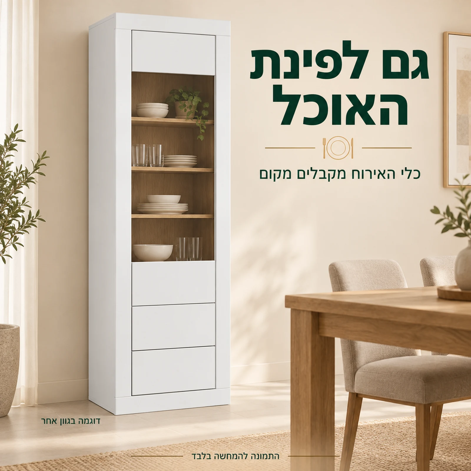 ויטרינה לבנה בפינת אוכל עם כלי אירוח – דוגמה בגוון אחר