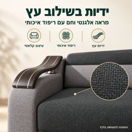 ידיות בשילוב עץ וריפוד איכותי בסלון 3+1 Wave