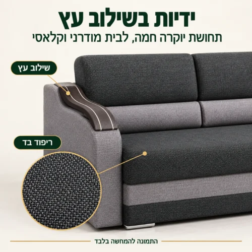 סלון 3+2 דגם Wave – ידיות מעוצבות בשילוב עץ וריפוד בד