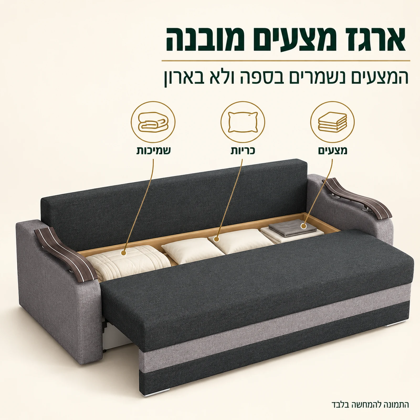 ארגז מצעים מובנה בספה נפתחת Wave לשמיכות וכריות