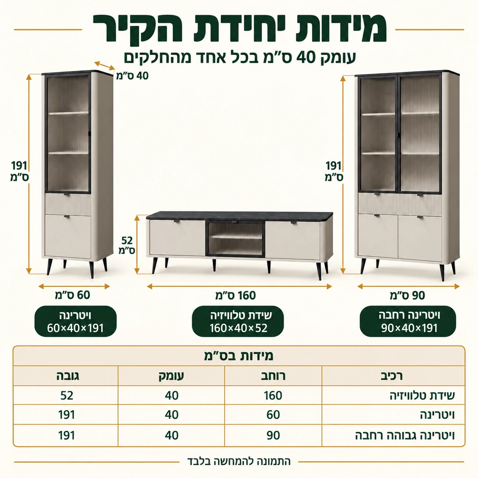 מידות יחידת קיר MARLEY XL – שידת טלוויזיה 160×40×52 וויטרינות בגובה 191 ס״מ