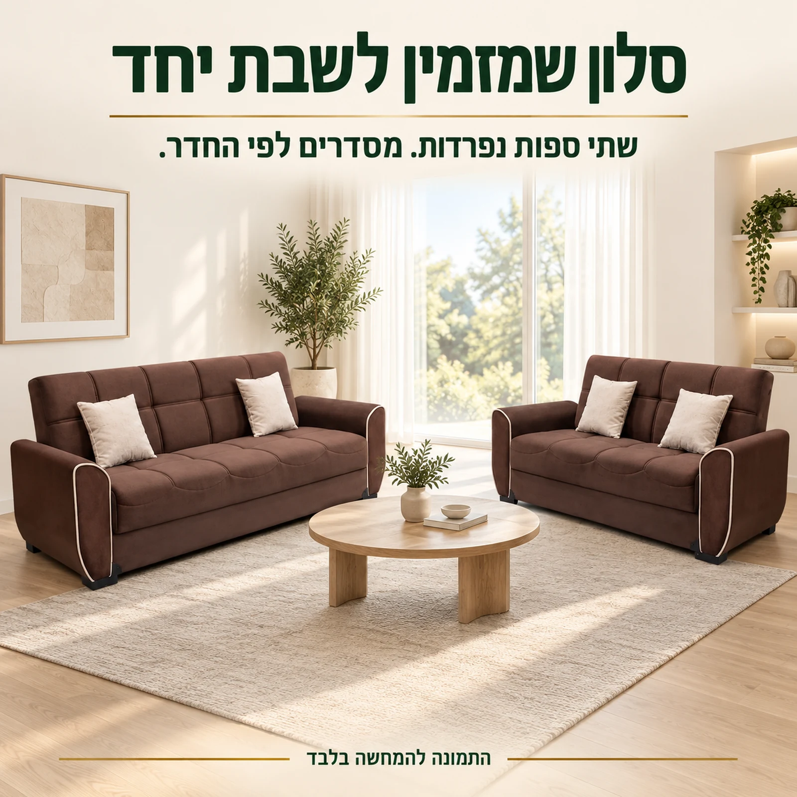 מערכת ישיבה PARIS 3+2 בבד חום עם קדר בסלון בגוונים חמים