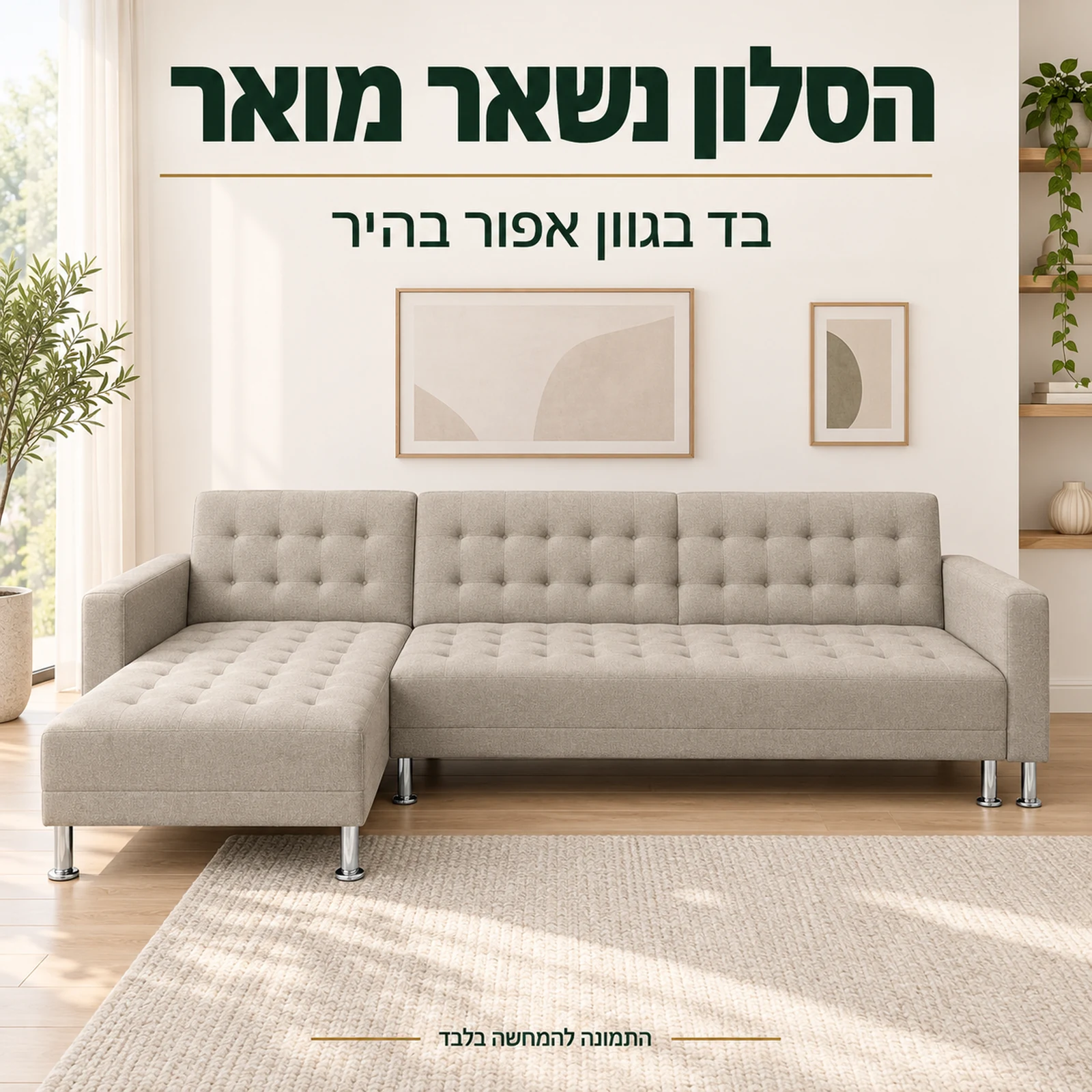 ספה פינתית נפתחת למיטה בבד אפור בהיר בסלון מואר
