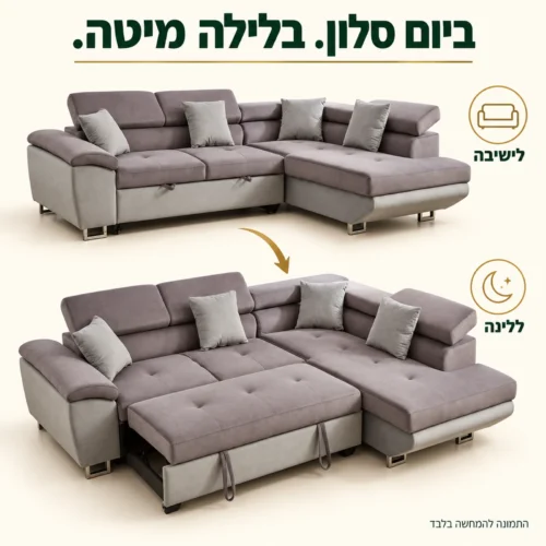 סלון פינתי אפור ANTON – מישיבה למיטה נפתחת