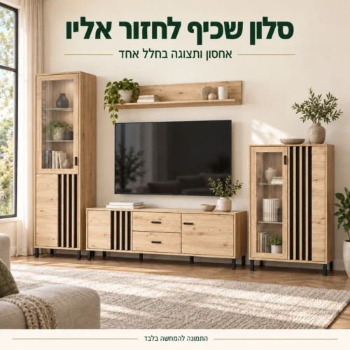 מערכת LAVAL עם ויטרינות ואחסון בסלון מואר