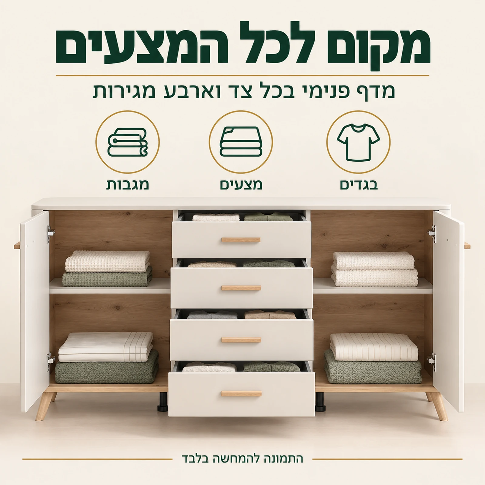 קומודה DARWEN פתוחה – מדף בכל צד וארבע מגירות למגבות, מצעים ובגדים
