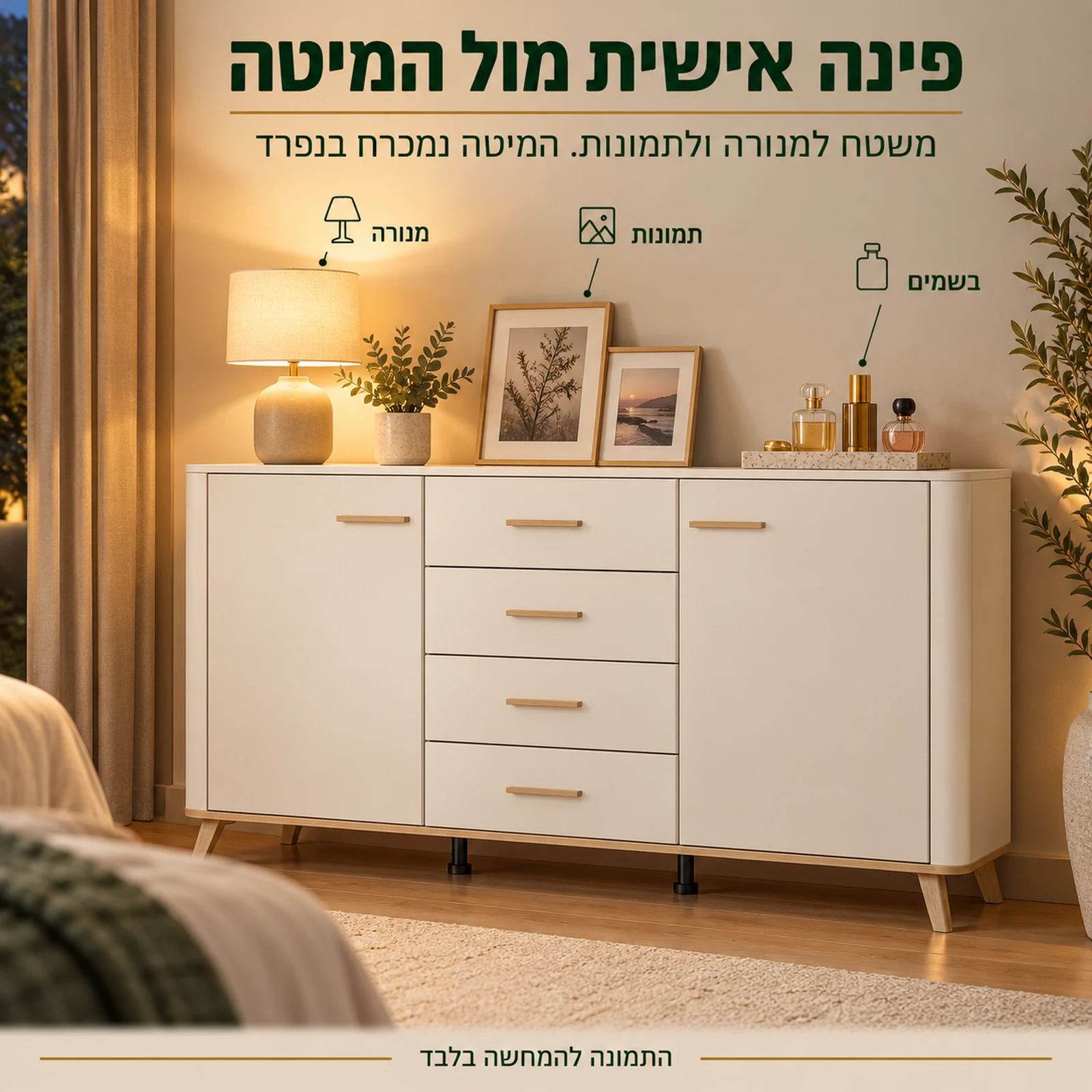 קומודה DARWEN בגוון קשמיר מול המיטה – משטח עליון למנורה, לתמונות ולבשמים