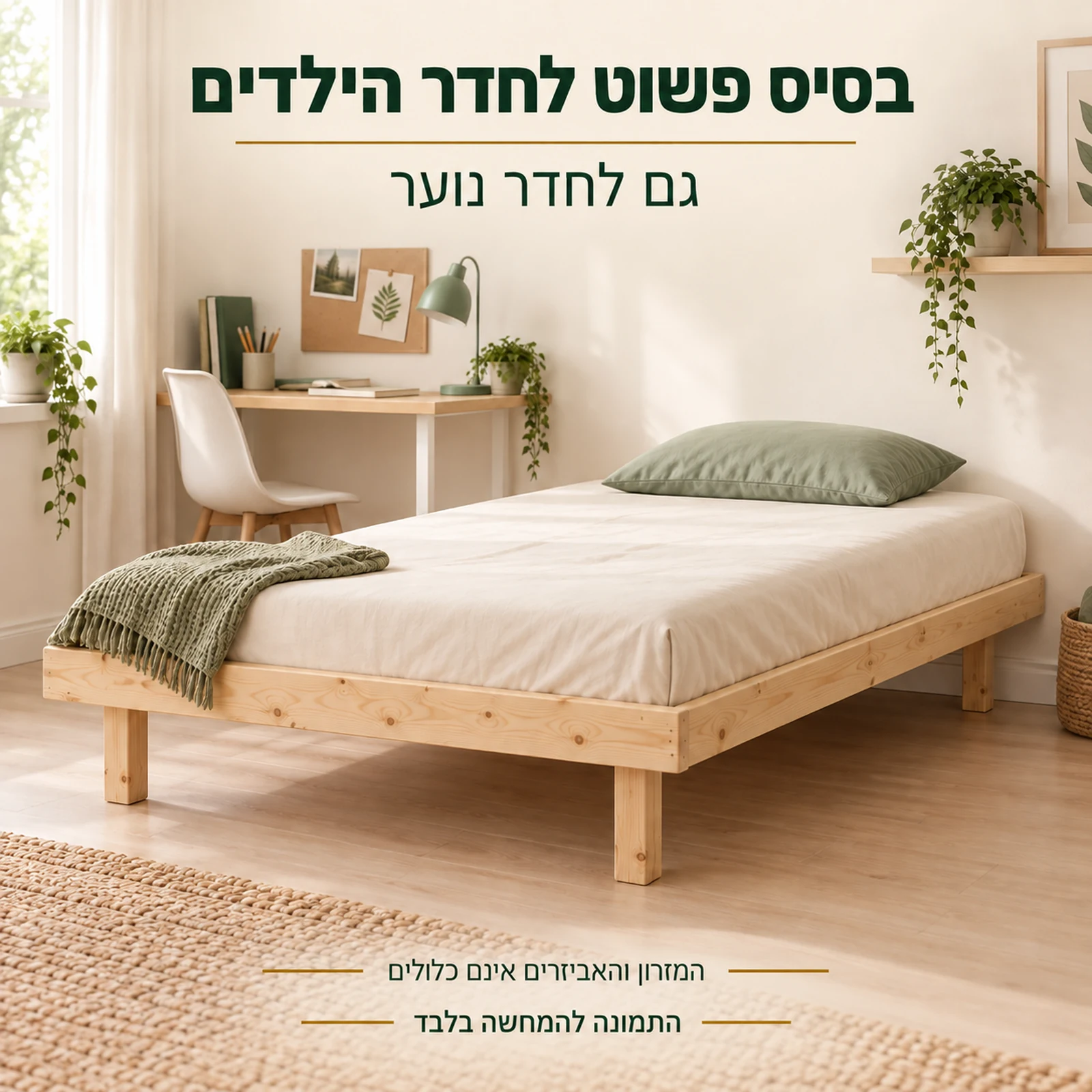 בסיס מיטה עם מסגרת בחדר ילדים או נוער – המזרון והאביזרים אינם כלולים